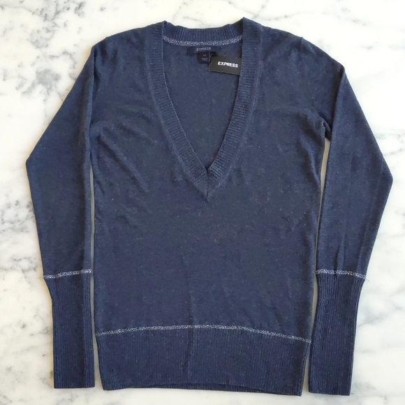 NWT.Express Wool Rayon Nylon Long V-Neck Dark Grey w/Silver Sparkle Trim Sweater - Picture 3 of 5